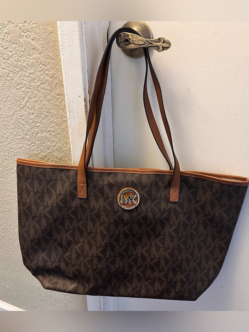 Michael Kors Brown MK Logo Tote with Tan Trim